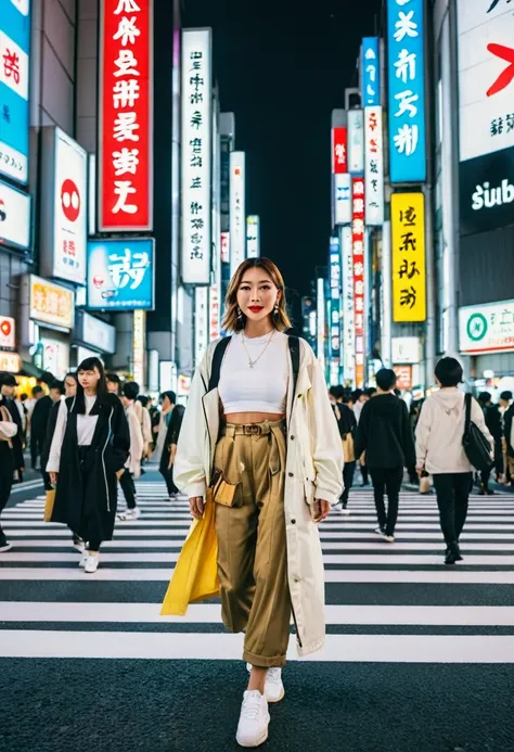 9. An influencer walking confidently through a busy Tokyo crosswalk at night, surrounded by a sea of people. She’s dressed in a stylish streetwear outfit, with bright city lights and billboards illuminating the scene.
