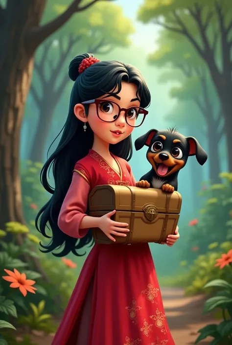 a girl of approximately , Wears glasses, dressed in red, With her dress just like Disney&#39;s Princess Mulan, has a treasure chest, accompanied by her black miniature pinscher dog, The dog&#39;s fur is black, the dog appears happy, In the background of th...