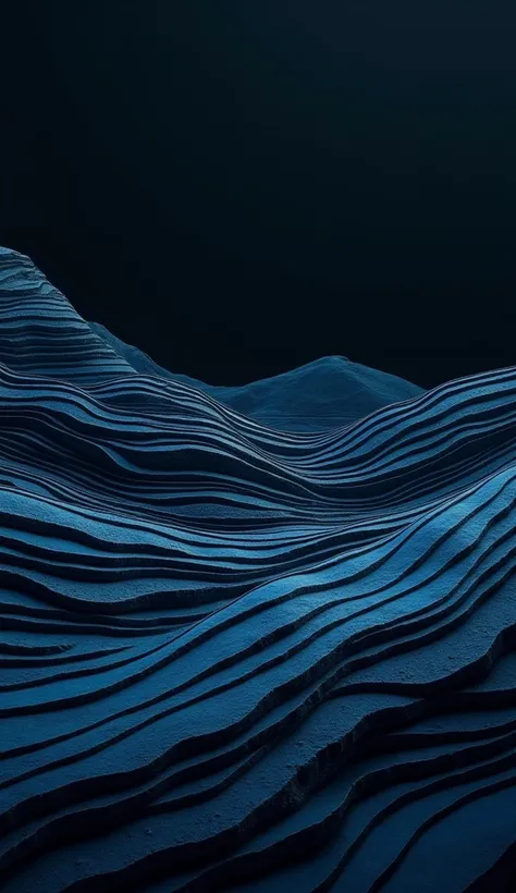 Midnight Strata: Layered, horizontal bands of dark slate grey and deep ocean blue stacked on a black background, each layer slightly offset to create a sense of depth and the illusion of geological strata.