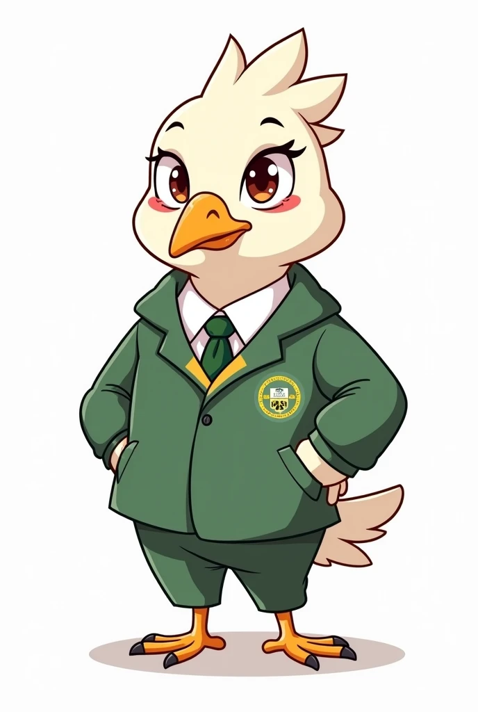 a mascot for highschool, pigeon, white background, white and light brown for pigeon, need some school uniform in green, make it easy to draw need more naughty and cool