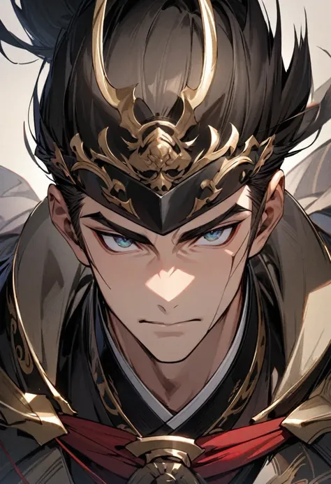 A detailed portrait of Mori Ranmaru, an 1 Japanese samurai, known for his exceptional loyalty and strikingly handsome appearance. His face is captured in a close-up, highlighting his sharp, angular features, high cheekbones, and smooth, youthful complexion...