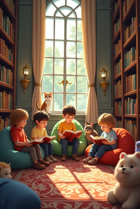 create an image where there are children reading their books surrounded by animals in a beautiful school with libraries full of books