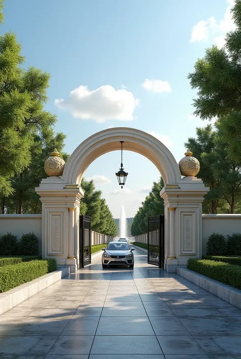 Genrate an elegant entrance along with Watchmen room and waiting room for an gated community  name it as MANZIL DEVOLAPERS with concrete road surface and beautiful landscape and an fountain at the front and cars passing through the gate in day light.