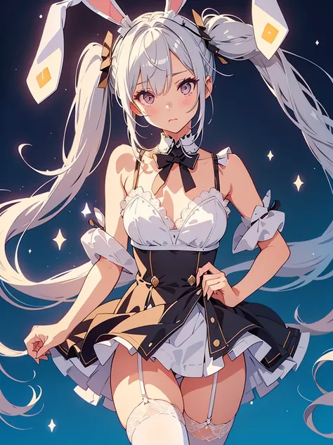 ((Hair on one eye)),((Twin tails)),Silver Hair,((Bunny ears)),((Embarrassing)),Browsing Caution, super photo real, whole body, Slim hottie slutty girl in gorgeous maid outfit with lace mini skirt, Are standing, Lift up your skirt, A glimpse of lace panties...