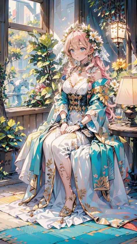 This image is like a dream, Whimsical scenes featuring fantasy characters: Performance: relaxed, gentle hairstyle: length, Wavy, Pink hair with decorative hair accessories: Complex, White and blue, A frilled dress with delicate embroidery and lace; Corset ...