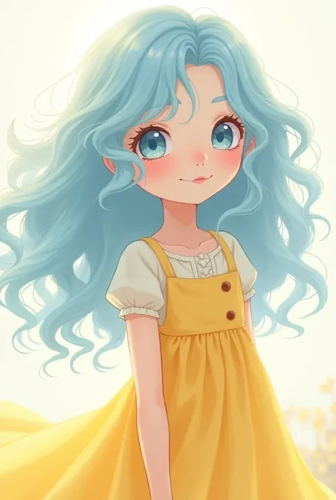 A cute little anime girl with long curly light blue hair with pale white skin wearing a yellow dress 