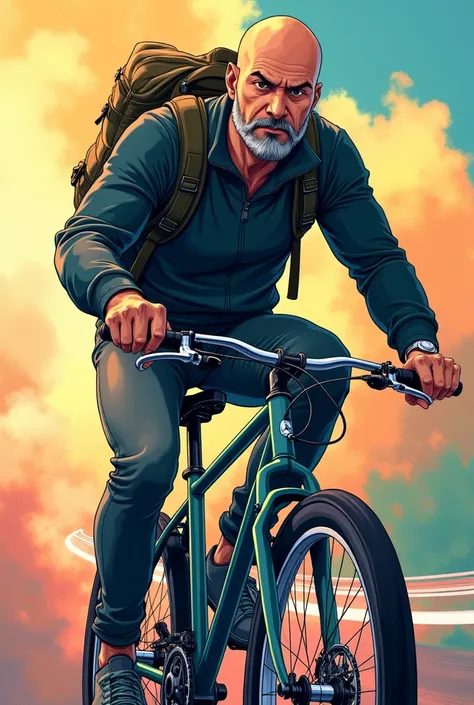 White man anime avatar,bald with beard,riding a bike 