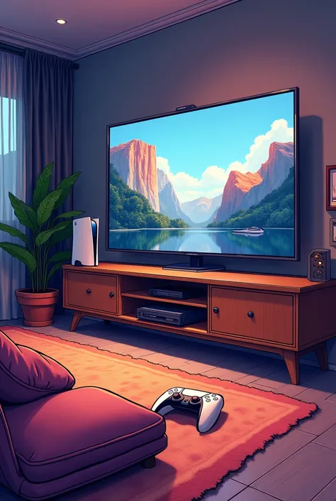 Un salon où il y aurait une grande télévision type home cinéma avec une console de jeux vidéo et la manette juste à côté en dessous dans un joli meuble en chêne avec une ambiance très calme. Très douce, on doit sentir le repos quelque chose de plutôt intim...