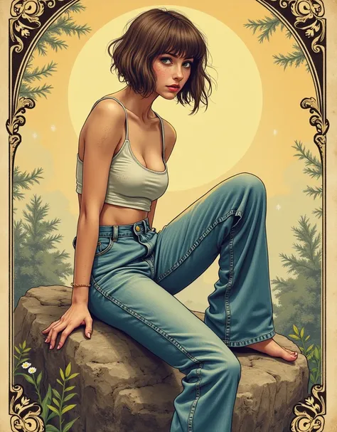 masterpiece, raw tarot aesthetics, tarot vintage line-art aesthetics, siting on rock teenage seductive diva, crop-top,high-waisted raw washed flared jeans,, caught in peril, languid posing, vintage, sexy curious, vintage line-art aesthetics, short haircut,...