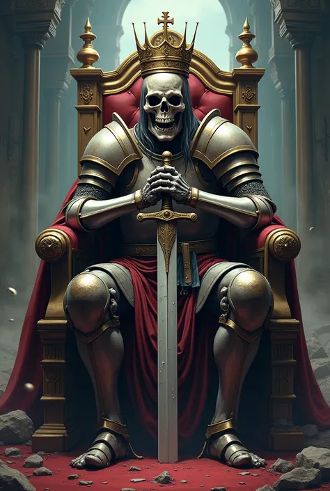 Portrait of a knight king sitting on a throne, he is a zombie king of previous knights, The image uses anime style and details, The character is a zombie who has flesh and bones, he is the king of a fallen kingdom, he wears his crown and armor but not his ...