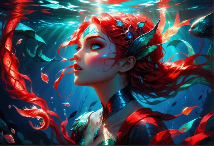 fantasy art, RPG art, a most beautiful siren casting a red magic runes, under the sea, a beautiful siren, blue shell clothes, mermaid lower body dynamic hair color, dynamic hair style, undersea background, cinematic light, High Detail, Ultra High Quality, ...