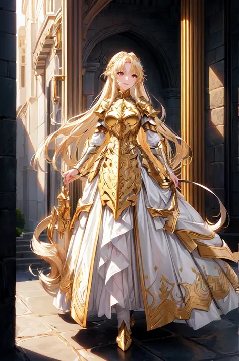 earing armor One adult female, wearing light armor, wearing white dress, Long Hair, blonde hair, straight hair, golden Eyes, Light makeup, tite waist, full body, hair over eye, smile, mole under eye, tareme, anime, cinematic lighting, cowboy shot, UHD, ret...