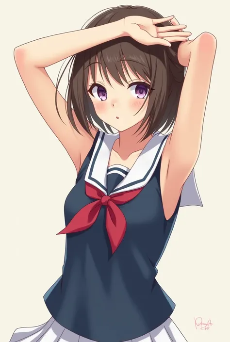 a 1 teenage anime girl in sleeveless navy colored school sailor uniform, exposed bare arms, both arms raised to brush hair and showing armpits, medium length hair. .