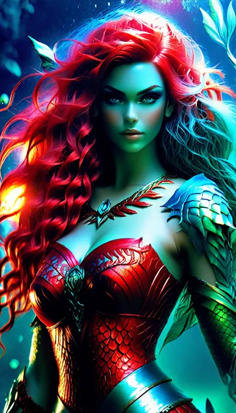 fantasy art, RPG art, a most beautiful siren casting a red magic runes, under the sea, a beautiful siren, blue shell clothes, mermaid lower body dynamic hair color, dynamic hair style, undersea background, cinematic light, High Detail, Ultra High Quality, ...