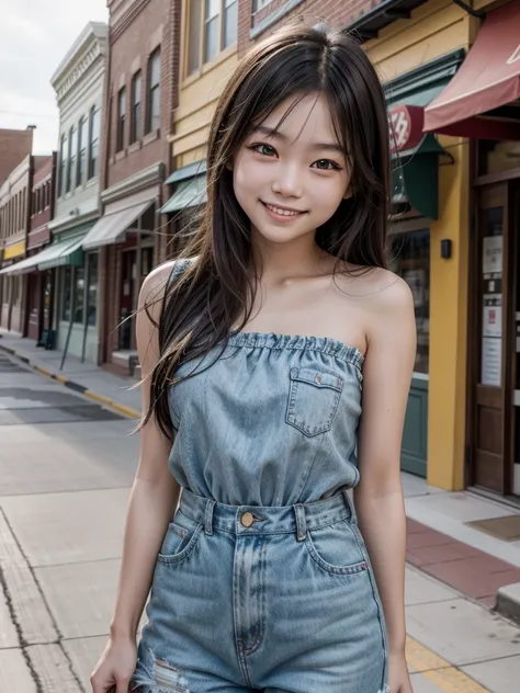 In the town of Cheyenne, Wyoming, USA, a cute Japanese girl, slim, smiling, bare shoulders