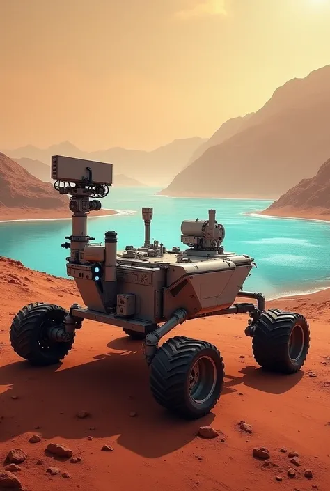 Give me a attractive youtube thumbnail for a video on water on mars discovery with rover with blue water with 1280 × 720 pixel