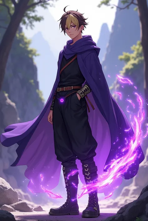 Create a Genshin Impact character. The Jung man has two-toned hair!!!, blonde on the left and brown on the right.!!!!!! He mostly wears black and purple baggy clothing. He has elections !!! powers, and his weapon is a sword. Show him standing completely. M...