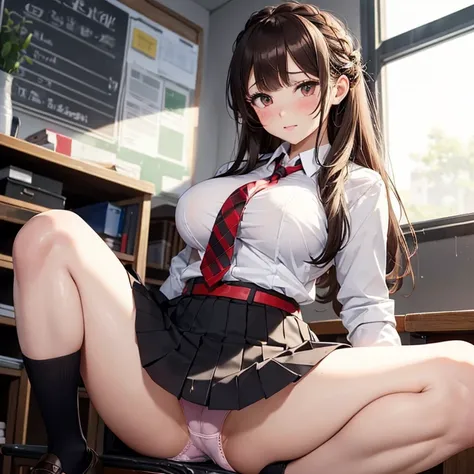 blazer,Ribbon tie,Checkered red pleated mini skirt,Squatting in the classroom,(Spread your legs),(Showing panties),(cum on panties),(A lot of semen dripping from the panties),Blushing, (Highest quality),Lace panties,Brown Hair, Long Hair,French style braid...