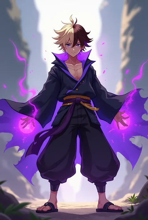 Create a Genshin Impact character. The Jung man has two-toned hair!!!, blonde on the left and brown on the right.!!!!!! He mostly wears black and purple baggy clothing. He has elections !!! powers, and his weapon is a sword. Show him standing completely. M...