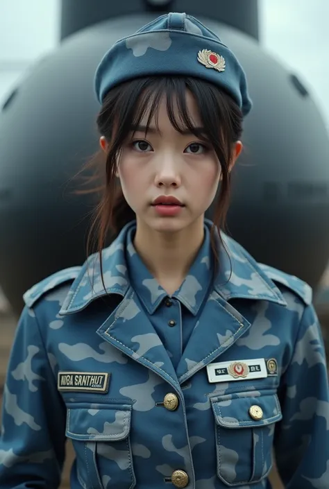 documentary photo, Photo-realistic, ultra-realistic, (very beautiful Japanese, her beautiful face is looks like a famous Japanese idol:1.3), (super cute face like an idol), (submarine crew of Japan navy), wearing a Blue-gray camouflage patterned submarine ...