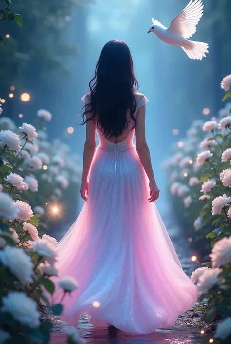 An Asian dark hair mature woman wearing a glittery magical pink and blue shaded dress walking on a walking path filled with white roses and fire flies in a graceful manner and her hair is glowing and a white dove is hovering over her