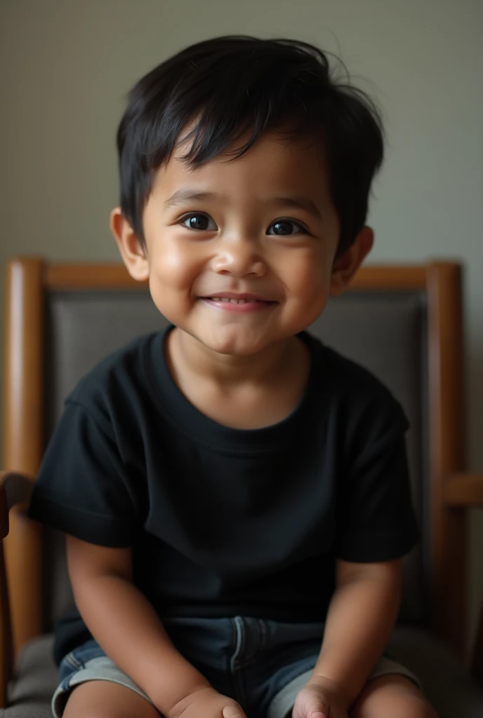 Indonesian man, 2, wearing a black shirt
Sitting on a chair 