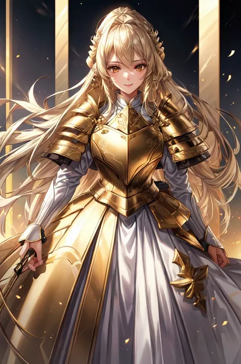 earing armor One adult female, wearing light armor, wearing white dress, Long Hair, blonde hair, straight hair, golden Eyes, Light makeup, tite waist, full body, hair over eye, smile, mole under eye, tareme, anime, cinematic lighting, cowboy shot, UHD, ret...