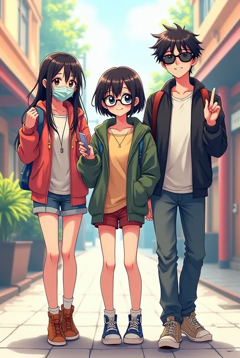 Draw 3 teens hanging out and standing next to each other: 1 is with short hair and glasses(girl) and she is in the middle, she has a smirk on her face. 2 is on the left and has long hair, has a mask and is holding her phone(tallest and is a girl) 3 is on t...