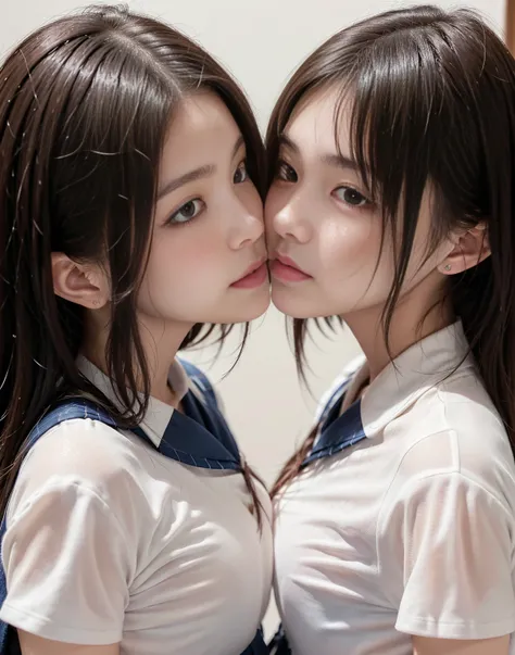 8k,masterpiece,Japanese,best quality, (schoolgirls:1.3), (kissing:1.7), breasts, lips