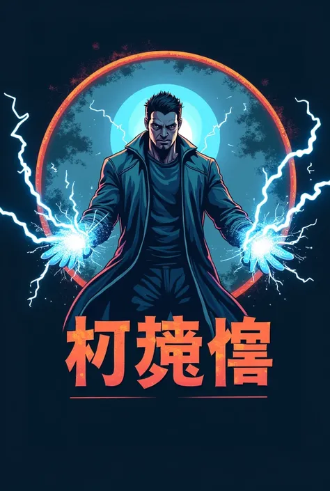 Create a logo for the company, which sells goods, round logo, there is a man depicted in the center, holding lightning in his hands, The name of the store is written below ელვა