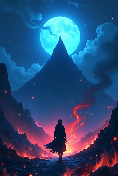 Anime wallpaper black tone blue and red fire ninja on walcano blue moon light 