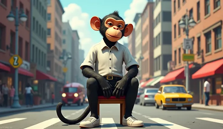 Monkey setting on a chair in the city on a busy road. The monkey wearing black pants and white shirt and white shoes.