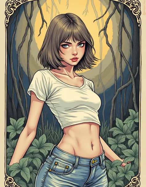 masterpiece, raw tarot aesthetics, tarot vintage line-art aesthetics, stuck in bog teenage seductive diva, crop-top,high-waisted washed flared jeans,, caught in peril, languid posing, vintage, sexy curious, vintage line-art aesthetics, short haircut, brune...