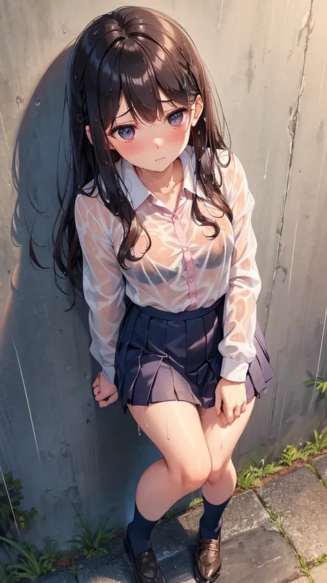 (rain:1.3),Under the elevated,girl,high school student,Wet body,(Wet Hair:1.5),Wet Face,Brown Hair,Long Hair,Winding Wave,Small breasts,Wet Long Sleeve Shirt,Pink lace bra,BREAK,Pleated mini skirt,BREAK,Navy blue socks,blush,Troubled face,,rain宿り,leaning o...