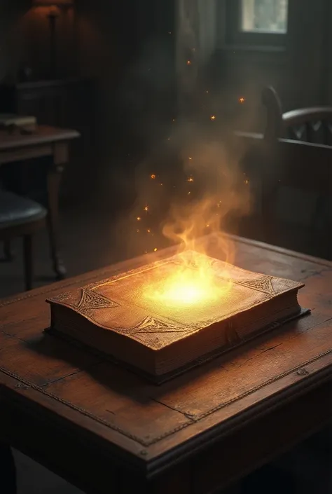 Suddenly, a faint light glows from a book on the table