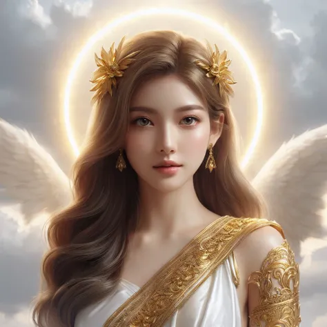 short hair, light blonde hair, white and gold robe, intricate gold embroidery, standing pose, looking at camera, smooth skin, outdoor, cloudy sky background, white angel wings, halo, bright distant light source, ethereal and divine atmosphere, front view, ...