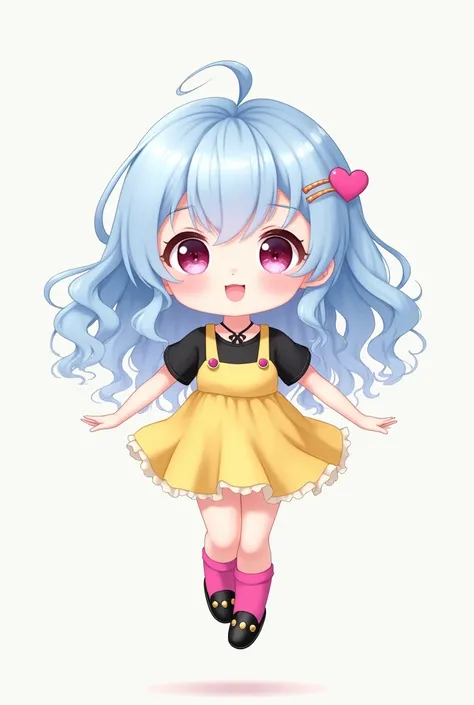 A cute little anime girl with long curly light blue hair and very pale whitish skin (a skin as white as the color of a cloud) Wearing a cute yellow dress with a black dress underneath and short black sleeves, With strands of hair covering their ears, She h...