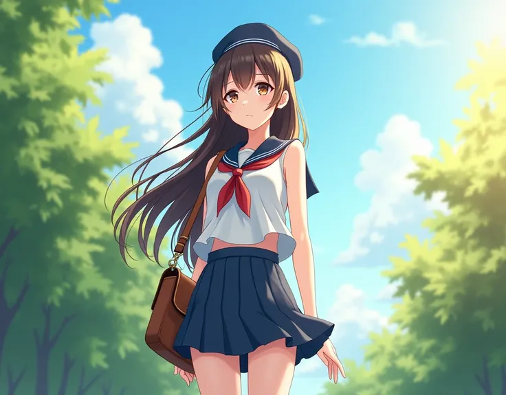 a 1 teenage anime girl in sleeveless navy colored school sailor uniform, exposed bare arms, sailors hat, carrying a messenger bag, long hair, afternoon, short navy colored skirt, outdoors.