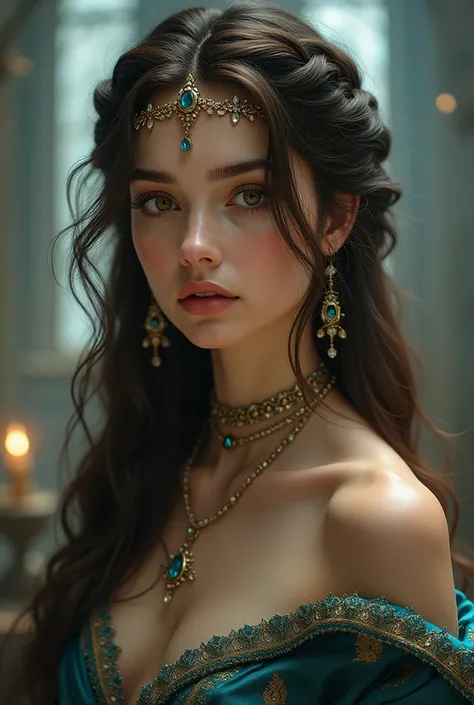 1girl,long hair,sitting,dress,solo,crown,black hair,braid,watermark,lips,blurry,indoors,realistic,bare shoulders,tiara,brown hair,breasts,makeup,curly hair,jewelry,gem,peacock style,glow