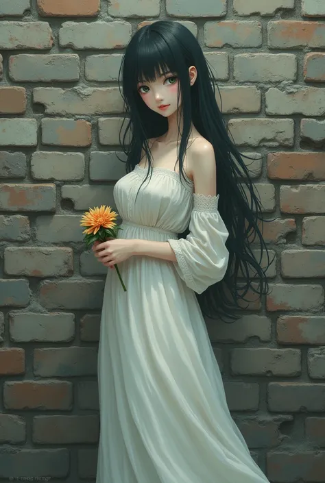 anime girl with white dress and flower in hand standing in front of a brick wall, concept art inspired by Kusumi Morikage, featured on pixiv, art nouveau, screenshot from guro anime, in the anime film ergo proxy, in the anime series ergo proxy, the piercin...