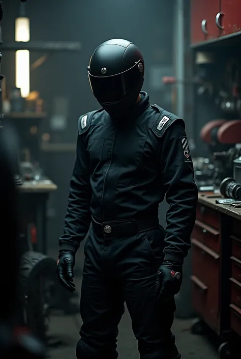 A mechanic with a black motorcycle helmet dressed in a black racing suit with the background of the image a mechanic workshop do everything mysterious 