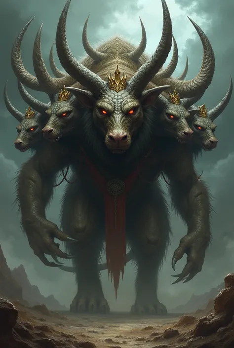 a beast with seven heads and ten horns, each head with a crown. Each head is an image of tyranny and domination, with eyes that seem to reflect a perverse wisdom. The horns are sharp and imposing, standing out as symbols of authority and oppression. The be...