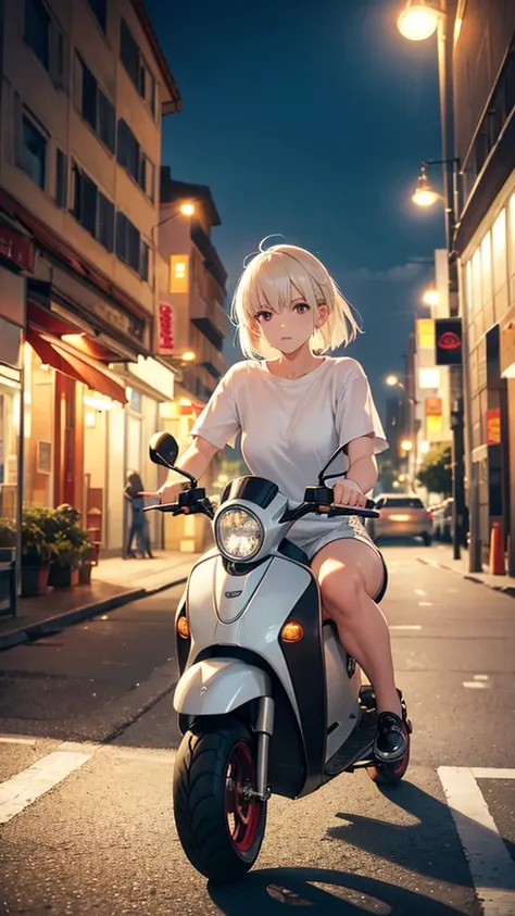 A woman in shorts, straight, with platinum blonde hair, wearing white clothes and riding a bright red scooter. She holds the steering wheel with both hands and sits straight on the scooter, and her gaze is looking forward. The scene looks like an urban out...