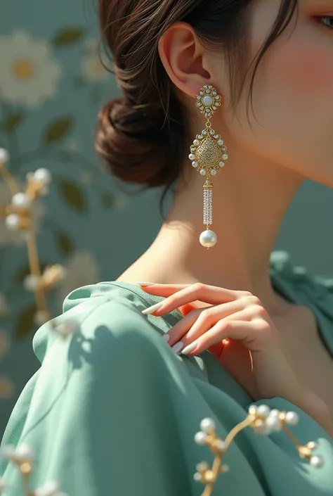 Ornate gold and silver earrings with intricate detailing and dangling pearls complement a soft green and blue garment. The hand, featuring a manicure with long nails, touches lightly on the garment, adding a delicate touch to the composition. Subtle colors...