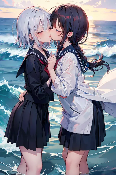 2 girls, 傘もささずにheavy rainの中抱き合う二人, Kissing, Kiss each other, Close your eyes, Ocean, Wavy, Big Wave, heavy rain, soaked, Sailor suit, ribbon, Gothic Skirt, navy blue, Long skirt, I don&#39;t care about getting wet, Lots of water all over the body, splash, ...