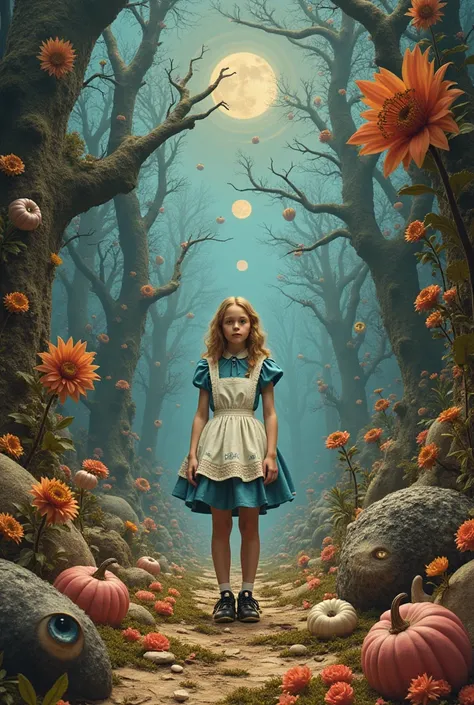 In the middle of the image is Alice(Alice in Wonderland,, wondering), in the world everything is wrong, A Mad Tea-Party, wrong perspective, wrong distance, very out of balance, psychedelic world, time interval is wrong, up-down relationship wrong,The direc...