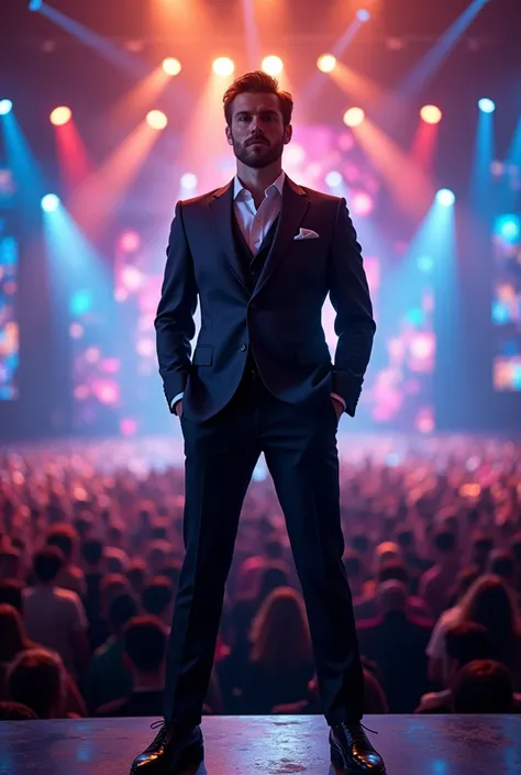 A male model wearing a suit, , with a clear face, is posing on a large stage with a spectacular backdrop of lights, sound, and color. There are many spectators below the stage.