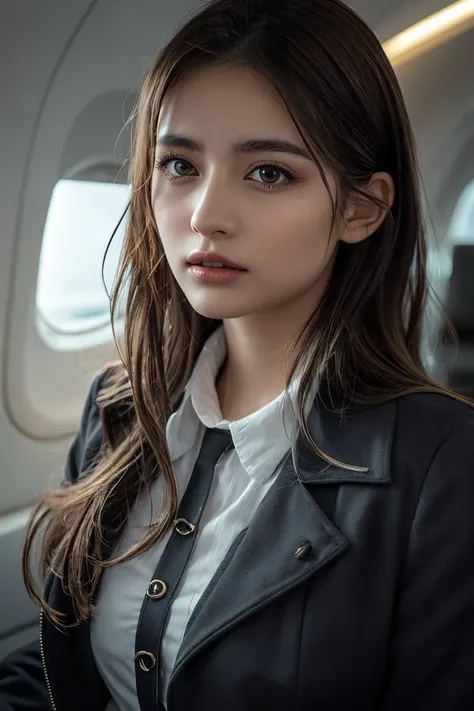 beautiful detailed skin, beautiful detailed lips, extremely detailed skin, beautiful detailed face and eyes, spotlight, professional lighting, (upper body:0.8), flight attendant, black skirt, jacket, short blouse, glowing skin, hyper realistic, cinematic l...