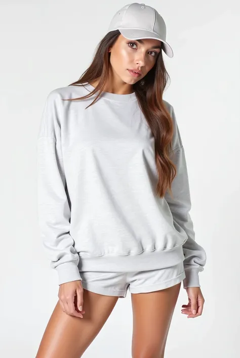 a young woman wearing a white sweatshirt and shorts with a baseball cap, vestindo moletom, light cinza, designed for a cozy aesthetic!, cinza sweater, cinza, solid gray, moleton branco, moleton liso, moleton passado, Roupa casual, Roupas detalhadas, superd...