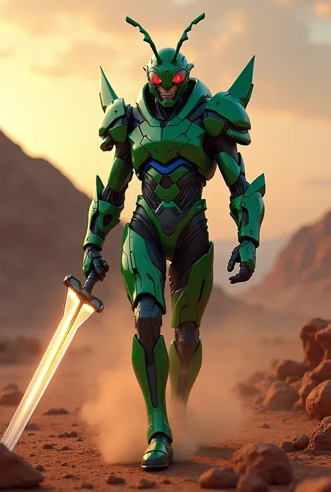 Photorealism 1.3 realism high quality epic realism kamen rider look alike grasshopper element suit with sword walking in mars background smoke dusk effect green blue suit Kung Fu action